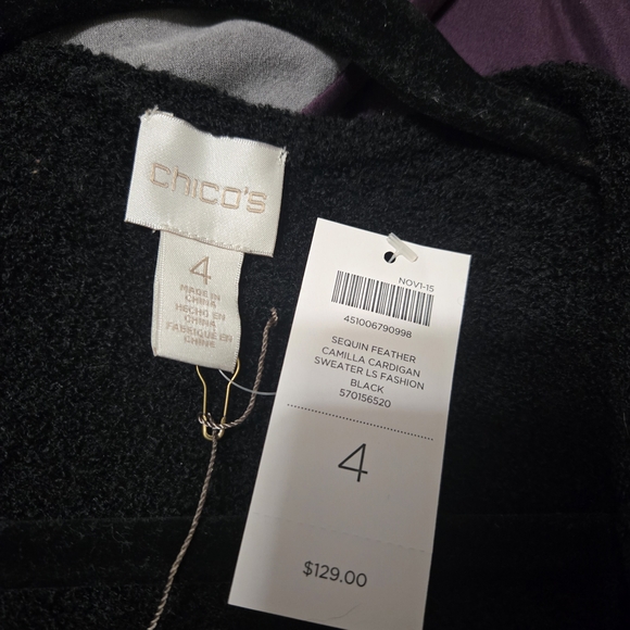 Chico's Elegant Black Cardigan with Feather Trim - Picture 2 of 2